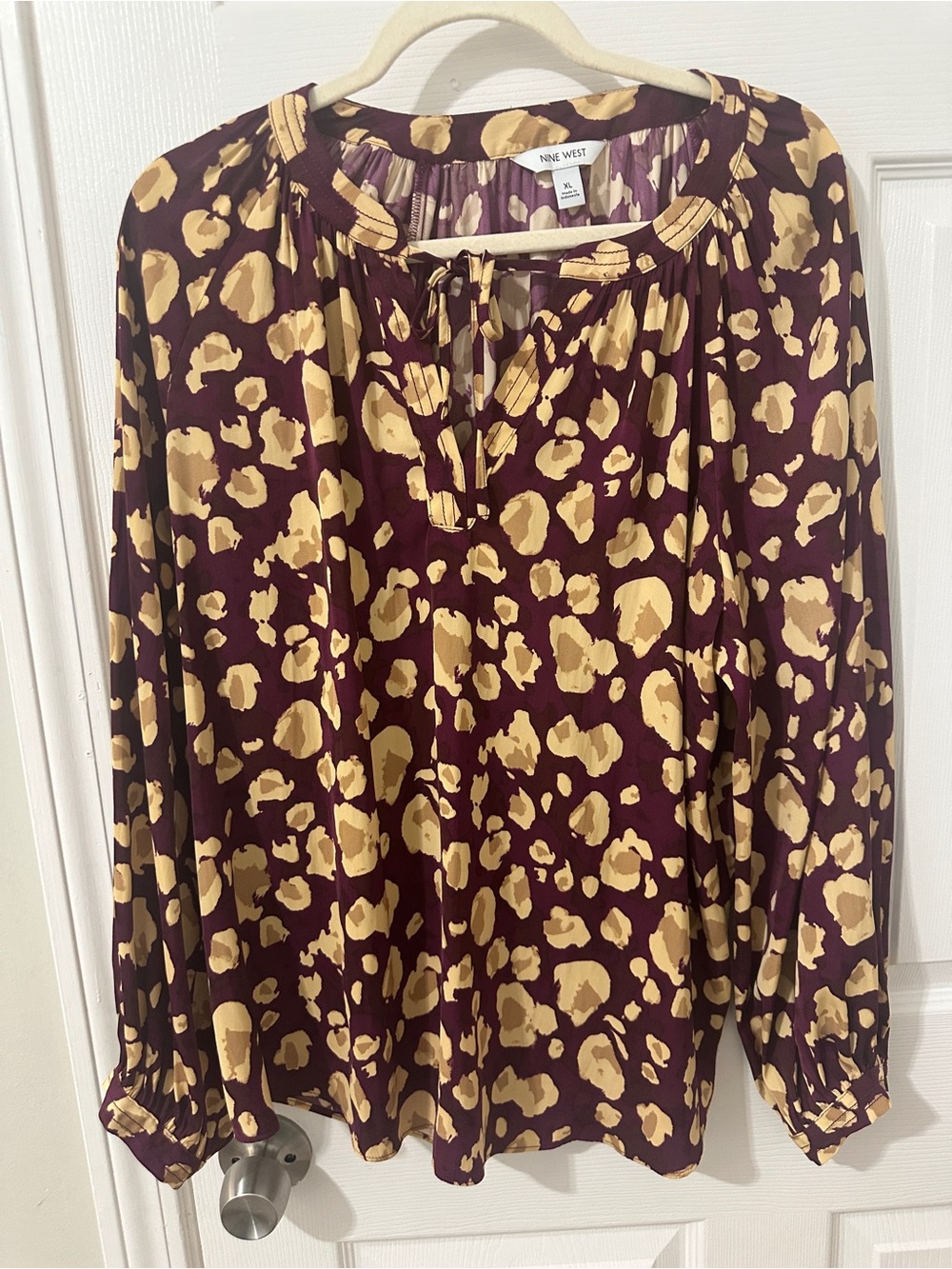 Nine West Burgundy and Gold Animal-Print Peasant Blouse